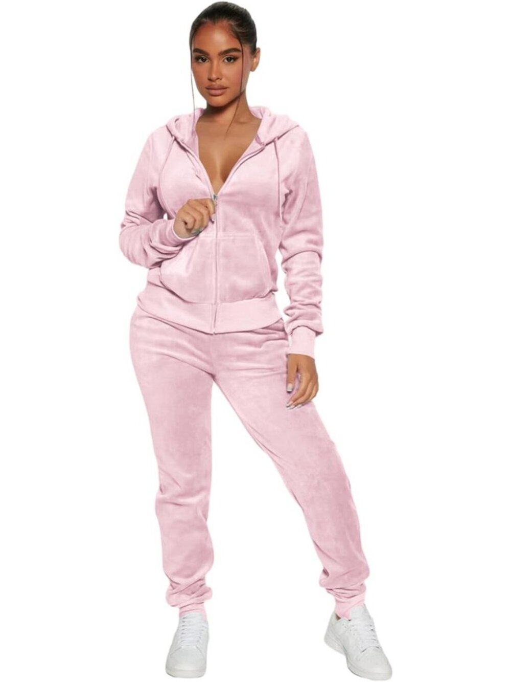 Chic Y2K Velour Tracksuit Set - Zip Cropped Hoodie & Jogger Pants Outfit for